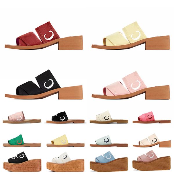 Woody-Sandalen mit hohem Absatz, besticktes Leinen, flache Mules, Designer-Hausschuhe, berühmte Damen-Slides, Espadrille-Keil-Plateau-Slipper, Schuhe, modische Sommer-Sliders, Coach