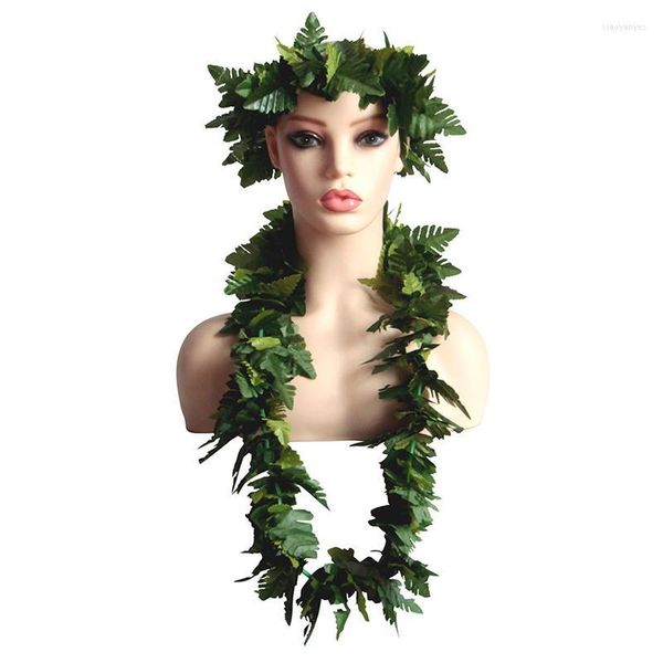 Fiori decorativi 4 pezzi in 1 set ghirlanda di ghirlanda di festa hawaiana con foglie di stoffa fascia per capelli verde realistica con cinturino al collo spiaggia tropicale Luau