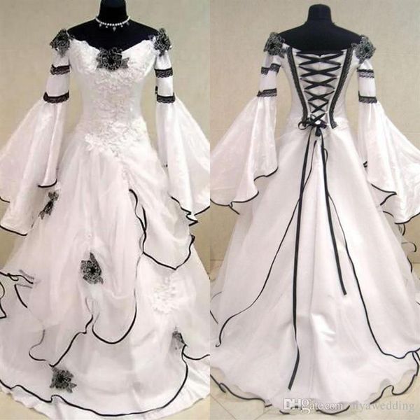 Abiti da sposa medievali vintage in bianco e nero rinascimentali Vestido De Novia Abiti da sposa celtici con maniche aderenti e svasate Flowe3173