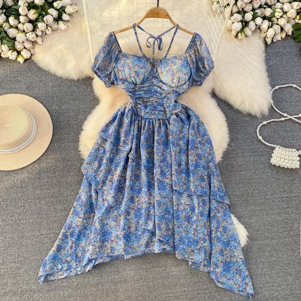 Abiti casual Vacanze al mare Spiaggia Donna Manica corta Collo appeso Colletto quadrato Vita alta Vestidos slim Abito floreale irregolare