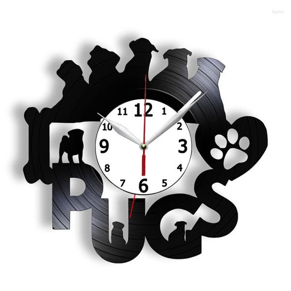 Relógios de parede Pug Time Engraçado Cachorrinho Cão Bonito Vintage Record Clock Movimento Silencioso Retro LP Artes Artesanato Relógio Decorativo
