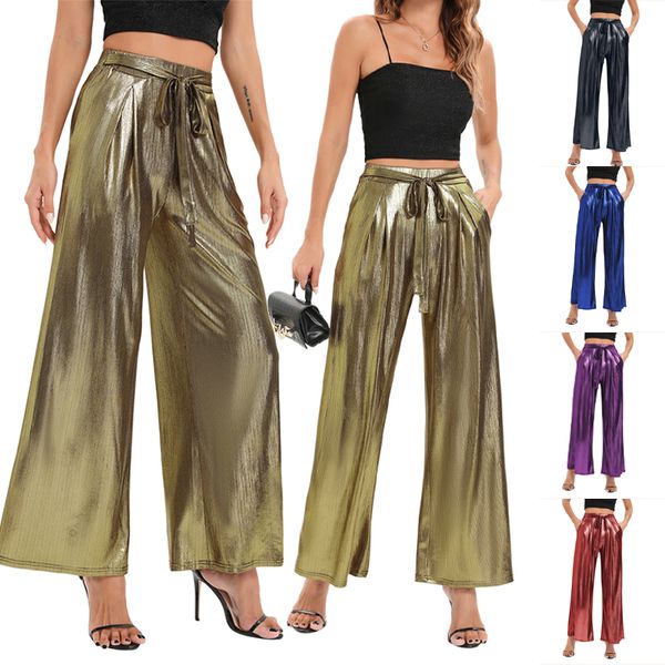 Pantaloni metallizzati sexy da donna Pantaloni svasati lucidi abbronzanti Pantaloni larghi larghi in vita da donna con elastico in vita