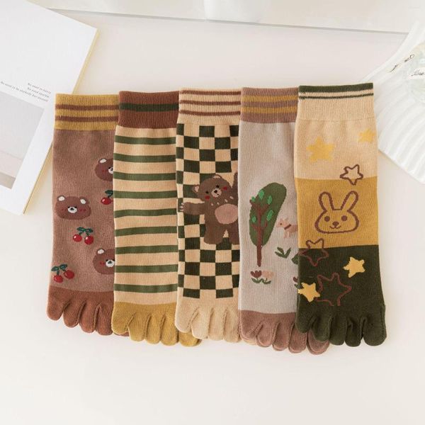 Meias femininas cinco dedos produtos de outono em tubo doce fofo desenho animado urso dedo do pé sen departamento de algodão
