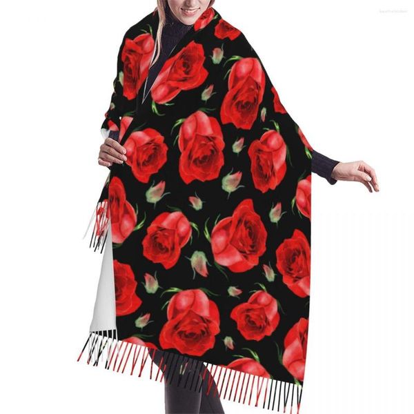 Cachecóis outono inverno quente rosa vermelha flores moda xale borla envoltório pescoço bandana hijabs estola