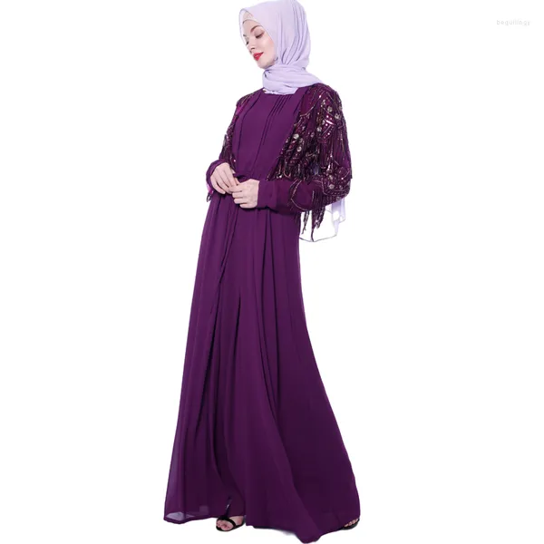 Этническая одежда Летние платья для женщин 2023 Maxi Sequin Fringe Chefon Cardigan Мусульманский мусульманский