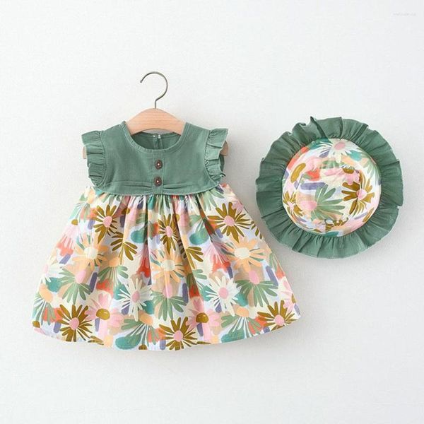 Vestidos de menina nascido manga voadora patchwork vestido de flor estampado multicolorido saia de férias dá de presente um chapéu de boneca