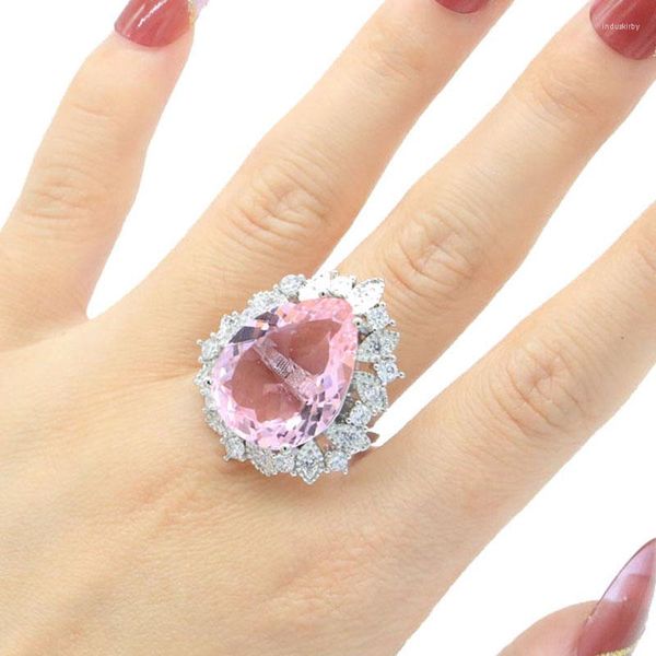 Cluster Rings 29x24mm Gorgeous Big Gemstone 8.2g Pink Kunzite Fine Jewelry Women Incontri Argento