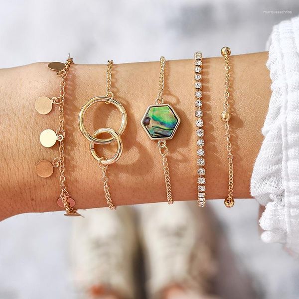 Braccialetti di fascino HuaTang Boho Tennis Catene di cristallo Bracciale Set per le donne Multistrato rotondo con paillettes Ciondolo verde Polsino regolabile femminile