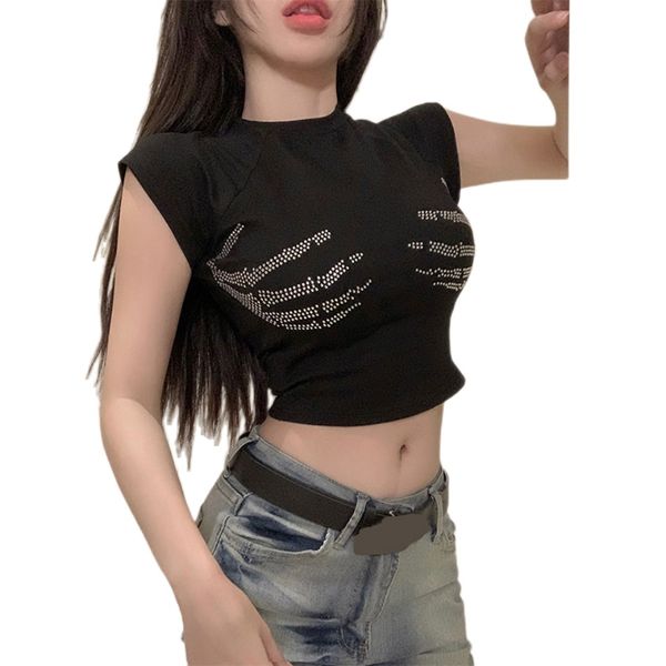 Damen Sommer O-Ausschnitt Kurzarm Strass Totenkopf Hände Muster Crop Top T-Shirt Up-Nabel High Waist Tees