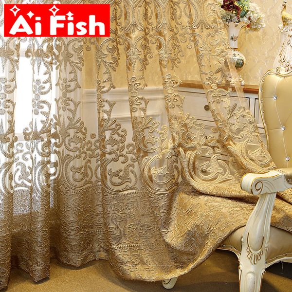 Cortina de café de luxo europeu com fio dourado jacquard oco tule para sala de estar elgent tecido windows drape zh4314 230619