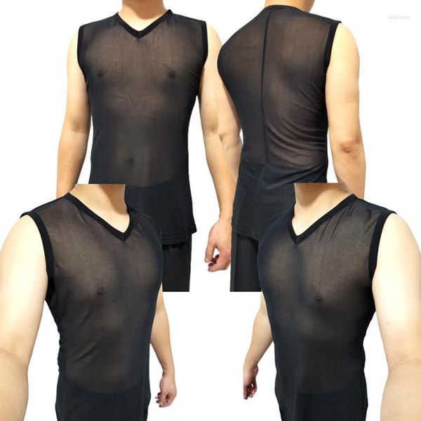 Vestuário de palco Camisas de dança latina Masculino Gola em V Colete Transparente Roupas de prática Rumba Cha Samba Tango Salsa Performance DNV13375