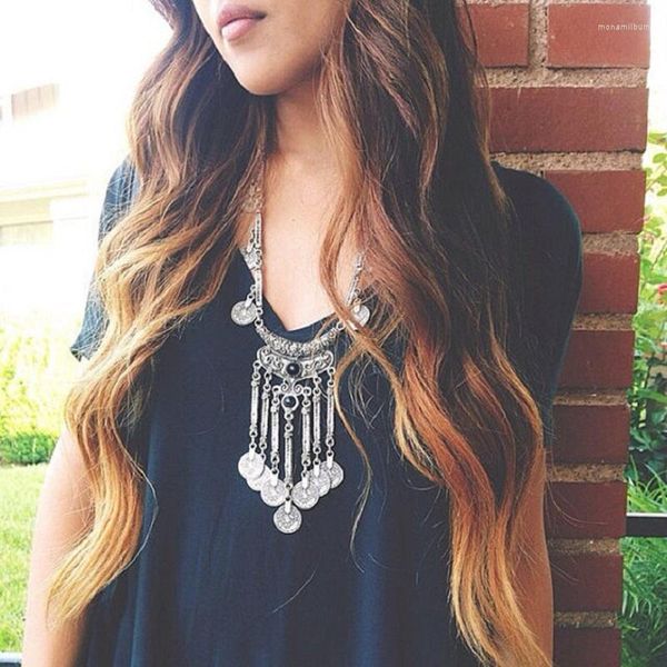 Cadenas LZHLQ Trendy Long Coin Tassel Collares Vintage Mosaic Resin Necklace Mujeres Talladas Colgante Joyería Declaración Metal Plated Chain