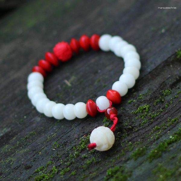 Очарование браслетов Красная фасоль мода белые бусины Bodhi Bears Bracelet Buddha вырезанная лакированная лакировая этническая китайская винтаж Винтаж ветра
