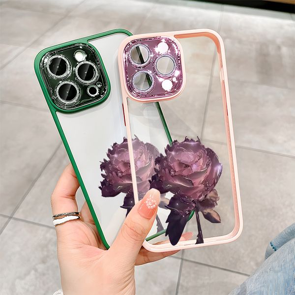 Moda sem amarelecimento Bling Rose Diamond proteção de lente capa de telefone para iPhone 15 14 13 12 11 Pro Max Plus resistente a quedas e sujeira