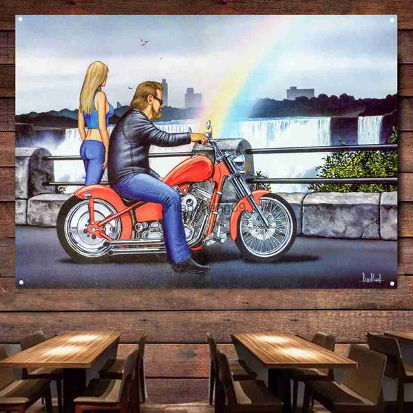 Arco-íris Vintage Motocicletas Bandeira Cartaz Arte da Parede Pintura Tapeçaria Homem Caverna Bar Clube Pub Garagem Decoração de Casa Mural Adesivo L230620