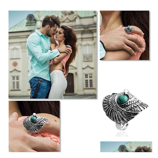 Bandringe Türkis Ring Vintage Tibetischer Silber Indischer Windkiefer Stein Flügel Adler Großes Auge Grün Drop Lieferung Schmuck Dhxko