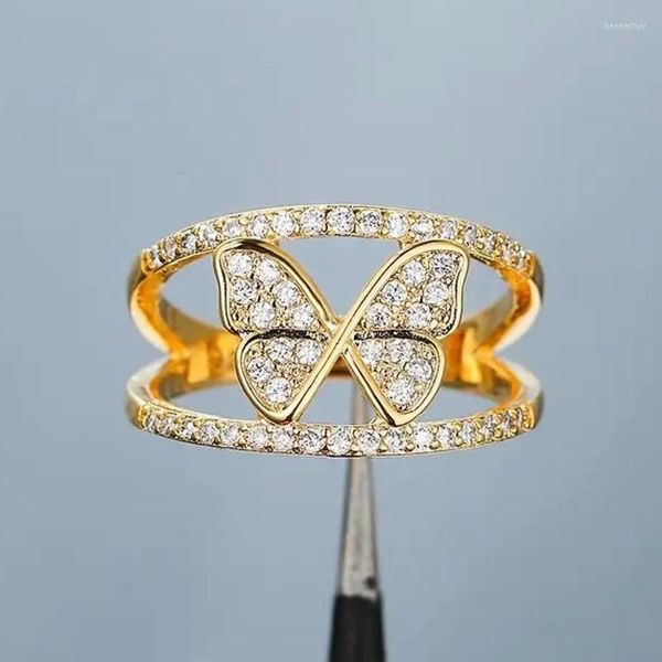 Обручальные кольца Huitan Gold Color Butterfly для женщин Полный мощный Bling Cz Каменный камень эстетическая женская кольца