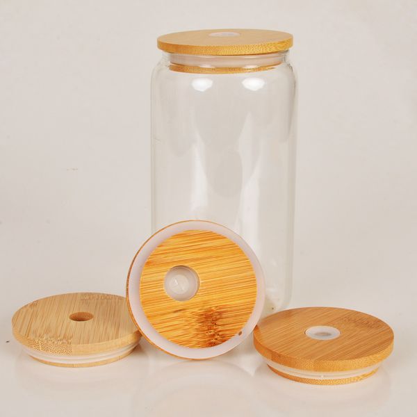 Auf Lager 70 mm Bambus-Becherdeckel, Getränkedeckel, wiederverwendbar, hölzerner Einmachglasdeckel mit Strohhalmloch und Silikon-Strohhalmventil, mit Silikonen versiegelnde Holzlagertankabdeckungen