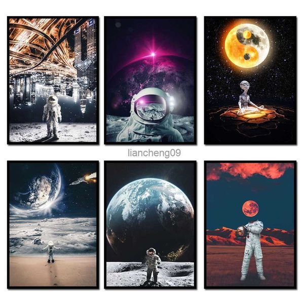 Astratta moderna Graffiti Astronauta Space Illusion Walking Colore Poster Tela Pittura Stampa Soggiorno Home Decor Murale L230620