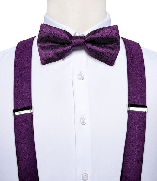 Outros acessórios de moda DiBanGu Suspensórios masculinos luxuosos de seda roxa, couro, metal, 6 clipes, suspensórios ajustáveis, gravata borboleta, bolso, conjunto quadrado 4008 230619