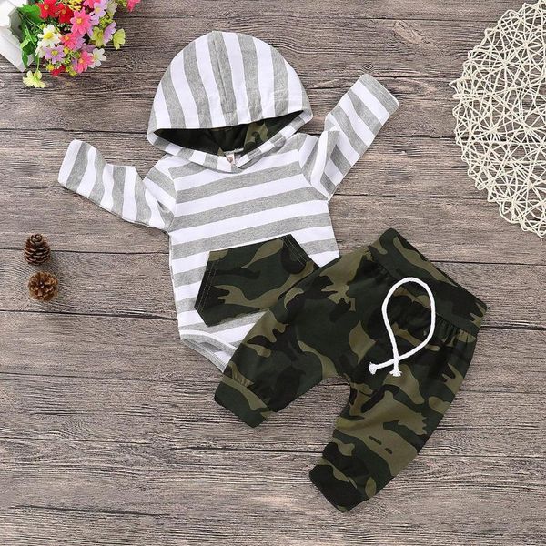 Set di abbigliamento 0-18 M Autunno Inverno Neonato Vestiti con cappuccio Cotone Casual Bambini Top a righe Pantaloni mimetici Abiti Set