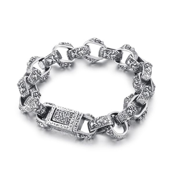 Guss-Edelstahl-Biker-Löwen-Gliederketten-Armband für Herrengeschenke, 14 mm, 8,66 Zoll, 68 g, Vintage-Silber, Vatergeschenke