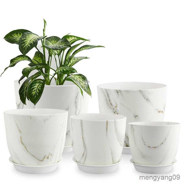 Plantadores Vasos 5Pcs Vasos de Flores de Plástico Novo Mármore Nórdico Simples Branco Espessado Verde Rabanete Carnudo Vasos de Flores Plantas de Interior R230620