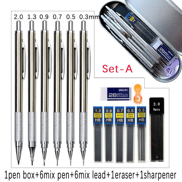 Bleistifte Metall-Druckbleistift-Set mit Stiftbox, Minen, Radiergummi und Bleistiftspitzer 0,3 0,5 0,7 0,9 1,3 2,0 mm Art Sketch Painting Pencil 230620