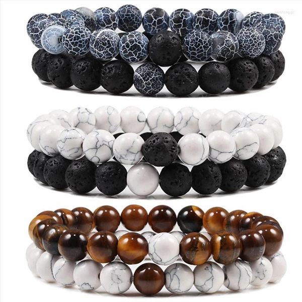 Charm Bracelets Couples Bracelet Set Black White Turquoise Natural Lava Stone Tiger Eye Frisado Yoga For Men Women Elástico Corda Jóias