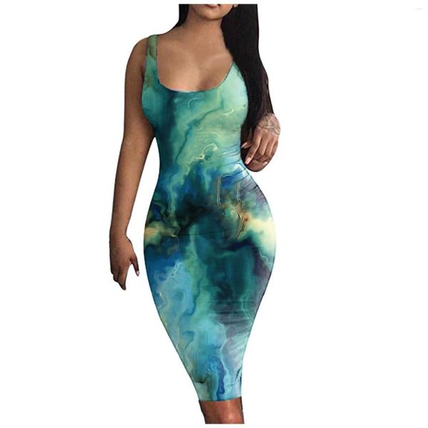 Vestidos casuais 2023 feminino boho tie-dye midi bodycon vestido feminino robe de praia verão sem mangas clubwear vestido de verão vestidos finos