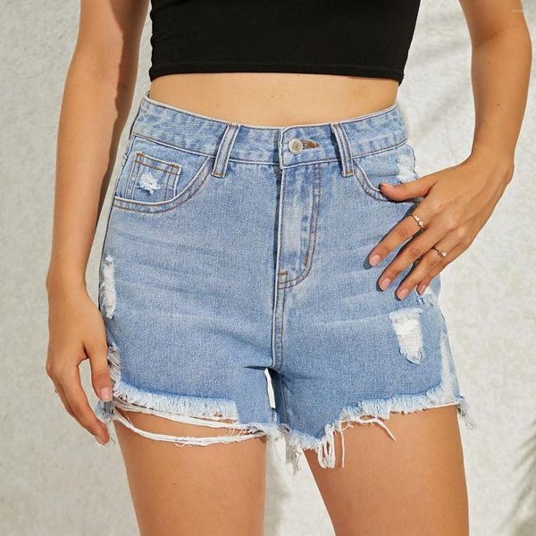 Shorts feminino cintura média jeans elástico rasgado bainha desfiada calça casual macacões para calças de negócios