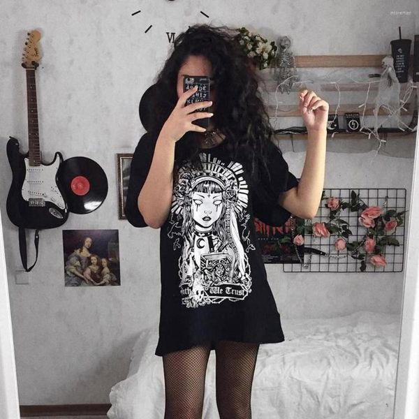 Lässige Kleider Y2k Gothic Punk Schwarz Übergroßes T-Shirt Ästhetisches Harajuku 90er Jahre Brief Gedruckt Grafik T-Shirt Kurzarm Baumwolle Grunge Tops