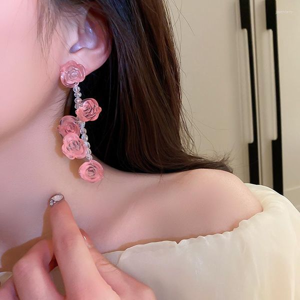 Orecchini pendenti Corea Moda Fiore rosa rosa Orecchini pendenti in cristallo acrilico per donna Ragazza Elegante Esagera gioielli per feste
