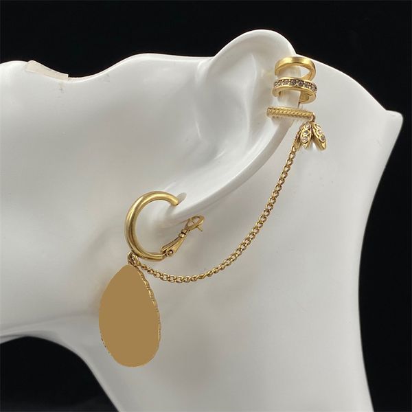 Luxo Ear Cuff Feminino Brincos Elegantes Forma de Gota de Água Único Diamante Pérola Presilhas para Osso da Orelha com Letras Duplas Corrente de Esmalte Presilha de Orelha