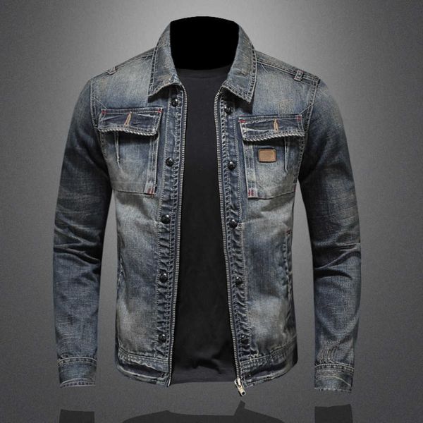 Giacca da motociclista jaqueta con cerniera personalizzata in formato europeo, giacche in pelle da uomo con risvolto in denim, nuovissimi stili da uomo