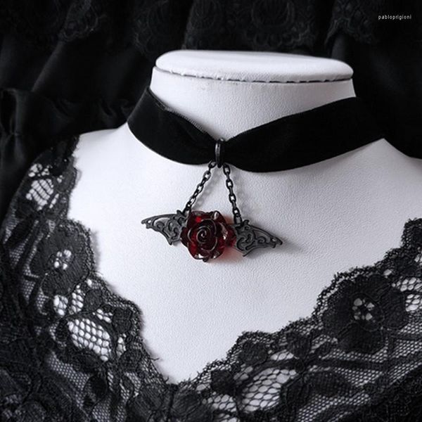 Anhänger Halsketten Goth Rote Rose Schwarz Fledermaus Choker Samt Halskette Für Frauen Mädchen Geschenk Charme Mode Schmuck Zubehör