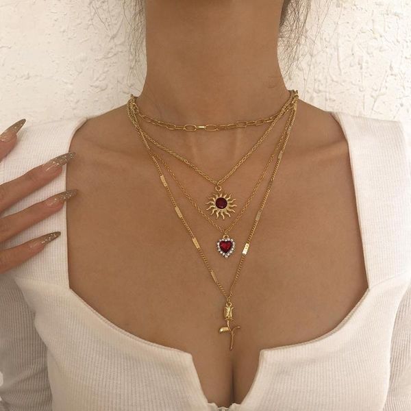 Chaînes Lalynnly Luxe Exquis Multicouche Strass Soleil Amour Rose Pendentif Collier Pour Femmes Clavicule Chaîne Colliers Bijoux N9511