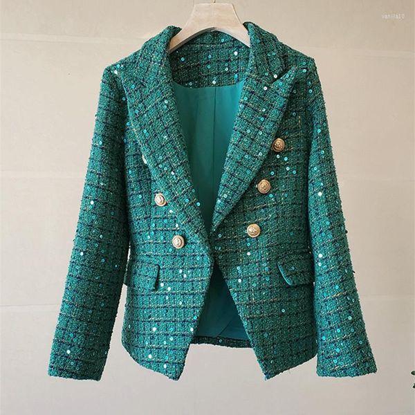 Giacche da donna Designer Luxury Tweed con paillettes Lana e cappotti Giacca da ufficio scozzese a maniche lunghe con intaglio a maniche lunghe Capispalla verde