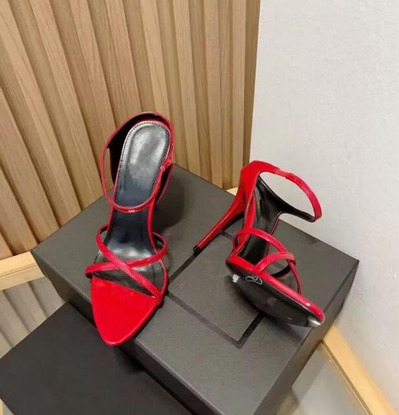 Designer-Lady-Brautsandale für Damen, Gippy, Riemchensandalen, Slipper, High Heels, spitze Zehenpartie, rotes Lackleder, luxuriöses Design mit Staubbeutel, Größe 35–41