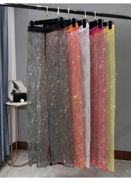 Leggings femininas de festa femininas sexy ocas cor AB Diamond Sparkling Mesh calças slim Slim Diamond calças pretas Y2k