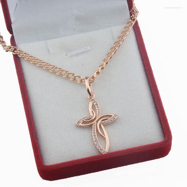 Colares com pingente FJ 2 Choose Women 585 Rose Gold Color Patterned Crystal Cross Necklace Jewelry