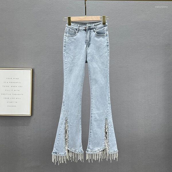 Kadınlar kot pantolon kadınlar 2023 İlkbahar Yaz Yüksek Bel Boncuklar Rhinestones Flare Pants Mavi Skinny Denim Pantolon Kadın Jean