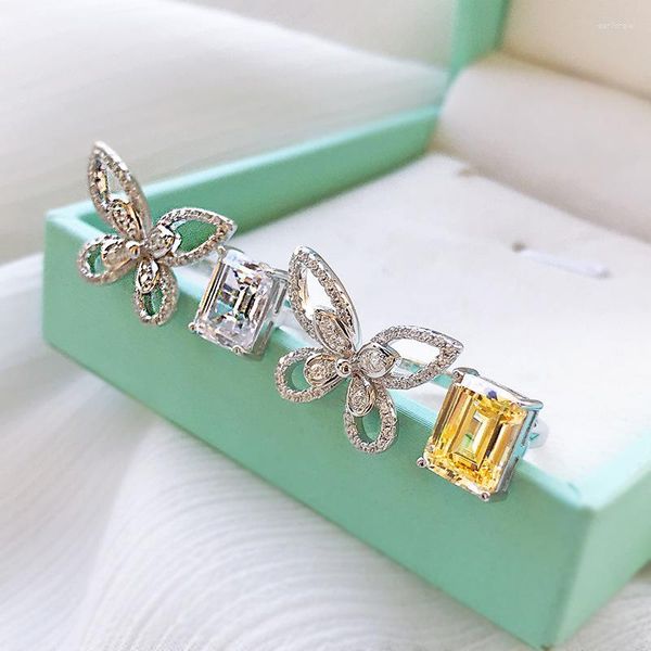 Cluster Rings 925 Stamp Butterfly Ring With Bling Zircon Ladies Elegant Square CZ Wedding Engagement Couple Fine Jewelry Party Gift Birthday