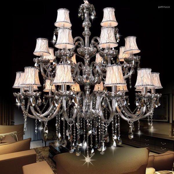 Lustres Antique Grand Lustre Fumé Noir Cristal Lumière Pour Salon El Lobby 24 Pcs E14 Vintage Led Verre Avize