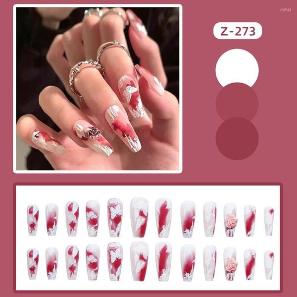 Unhas postiças 24 pçs vermelho branco flor 3D longa unha falsa para mulheres e meninas estilo francês arte artificial ponta colada