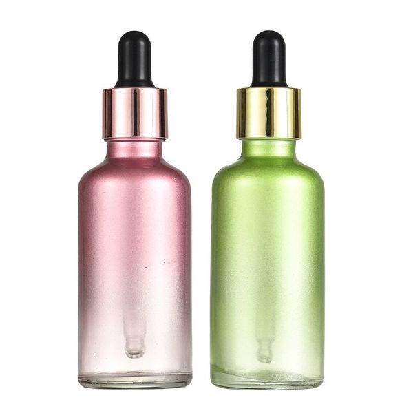 Frascos conta-gotas de vidro para cuidados com a pele 50ml Gradiente Rosa Verde Frasco conta-gotas Aromaterapia Recipientes de produtos de beleza