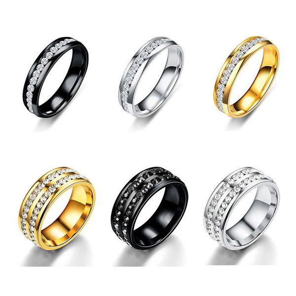 Anéis de banda de aço inoxidável Anel de diamante Fashion Titanium Casamento Clássico Banhado a Prata Simples Dupla Fila Cristal Dho2W