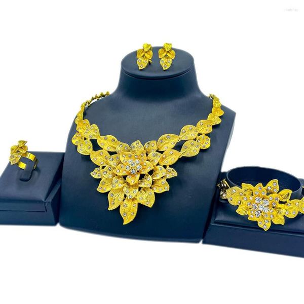 Серьги ожерелья устанавливают модную африканскую большую для женщин творческий браслет хрустальный цветочный кольцо романтические свадебные аксессуары