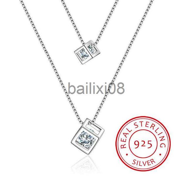 Kolye Kolyeleri 925 STERLING Gümüş Kare Küp Zirkonia Spanker Destres Boyun Kadınlar Çift Katmanlı Kolyeler Neckles S-N209 J230620