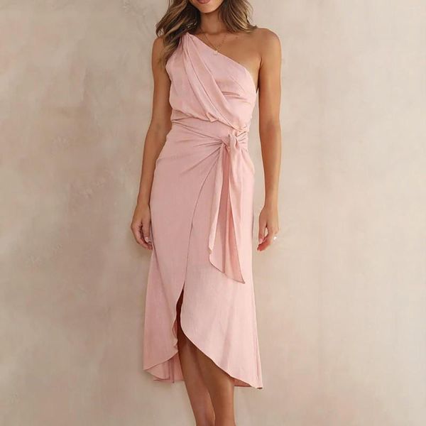 Casual Kleider Prom Kleid Kleid Frauen Rosa Sommer Sexy Eine Schulter Asymmetrische Geraffte Midi Abend Party Verband Plus Größe Robe 2023